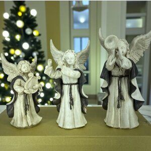 CHRISTMAS ANGELS -- Set of 3, Hold Musical Instruments, Resin, Sm/Md/Lg, Vintage